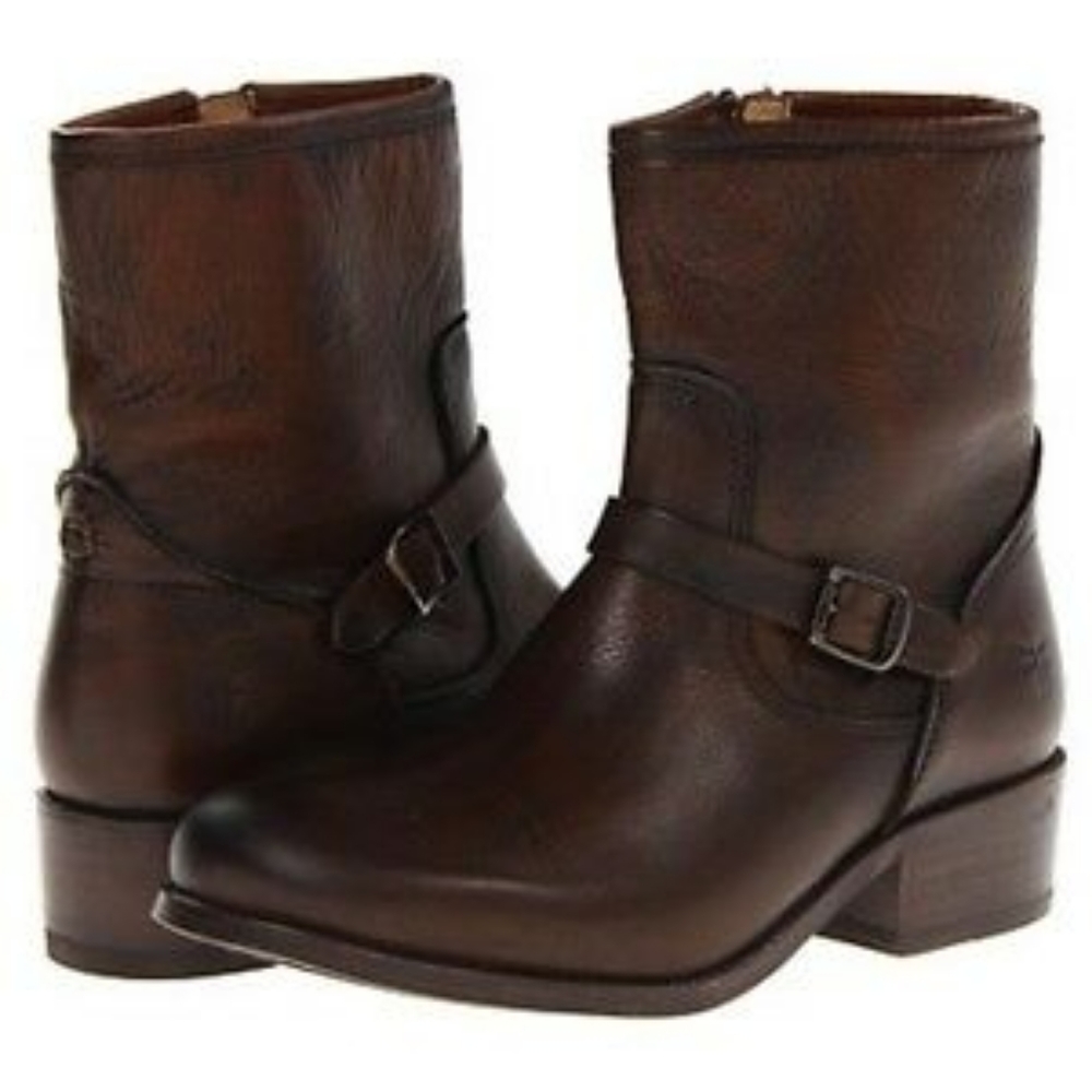 AUTH FRYE LYNN STRAP SHORT ANKLE BOOTS LEATHER BROWN 8M